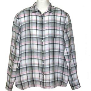 Murano Baird McNutt Irish Linen Shirt Plaid Pink Gray Men's Size Medium